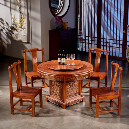 榆木(mù)餐桌圓形雕花(huā)帶轉盤仿古餐桌椅組合02