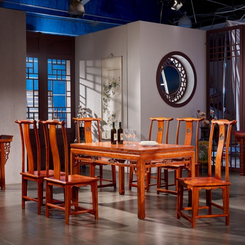 仿古新中式榆木(mù)長(cháng)方形餐桌高(gāo)背餐椅組合05