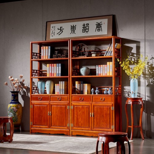 仿古書(shū)櫃組合榆木(mù)三層書(shū)架置物(wù)架展示櫃05