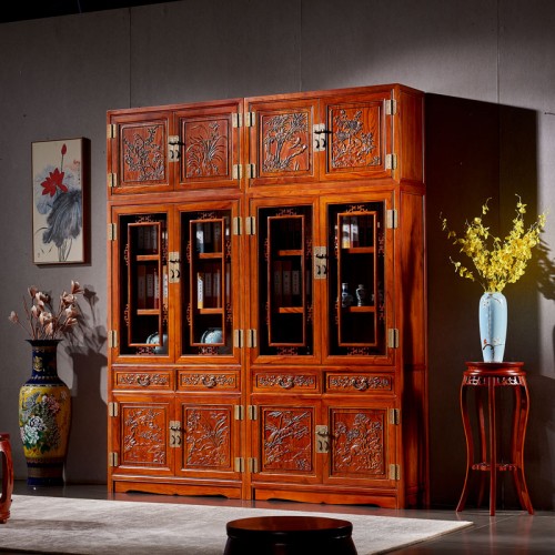 榆木(mù)中式書(shū)櫃組合雕花(huā)書(shū)架頂箱書(shū)櫃帶玻璃門(mén)書(shū)架書(shū)櫥07