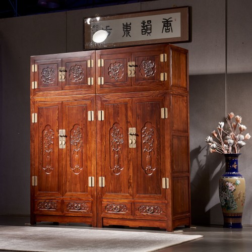 榆木(mù)雕花(huā)大(dà)衣櫃新中式實木(mù)卧室頂箱櫃06