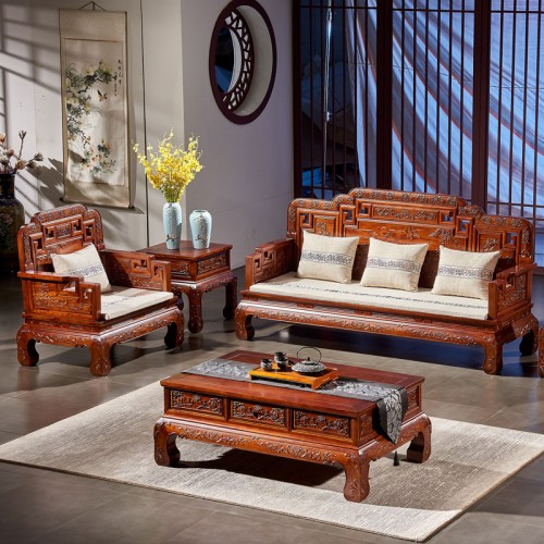 新中式榆木(mù)沙發仿古雕花(huā)沙發組合 10