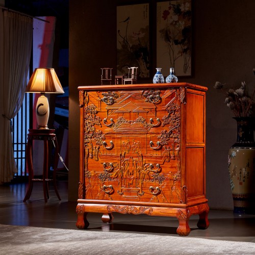 仿古雕花(huā)五鬥櫃榆木(mù)客廳儲物(wù)櫃16